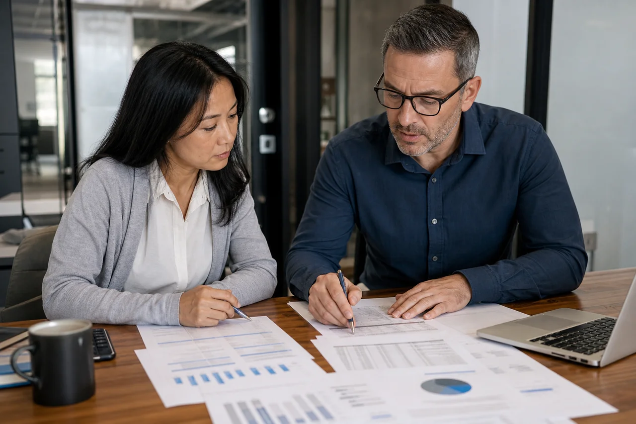 Kenyan CPA explaining financial statements to a business client during a professional consultation