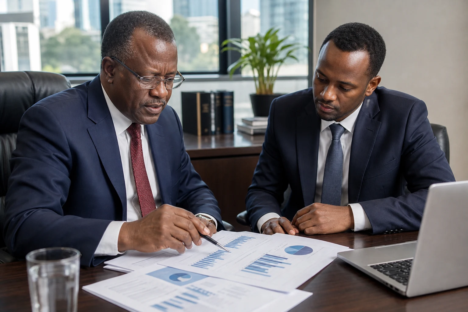 Banking executive reviewing performance reports and financial charts with an advisor