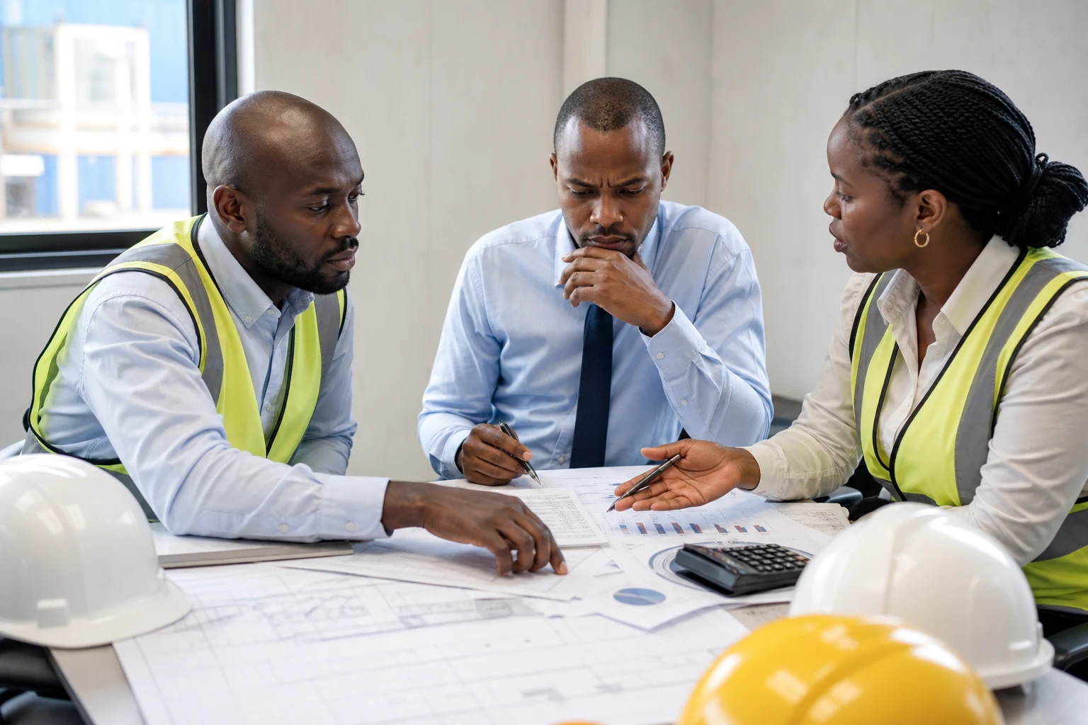 Construction project executives analysing project budgets and cost reports