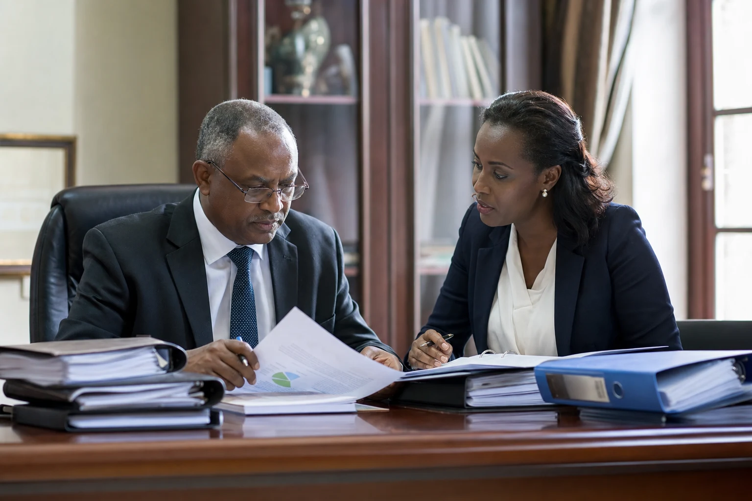 Public finance advisory meeting with institutional executives reviewing budget reports