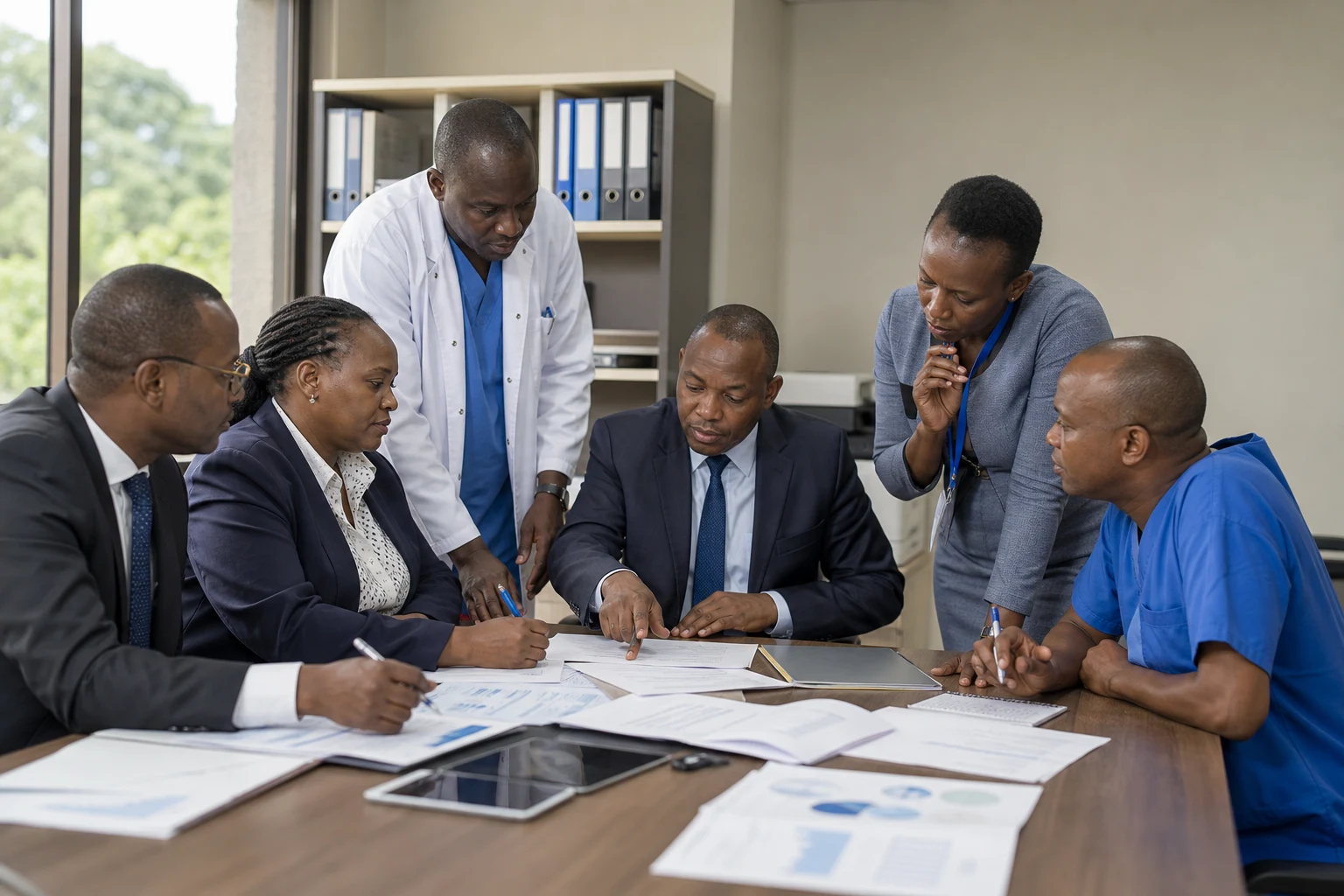 Hospital finance committee reviewing financial reports and budget documents with an advisor