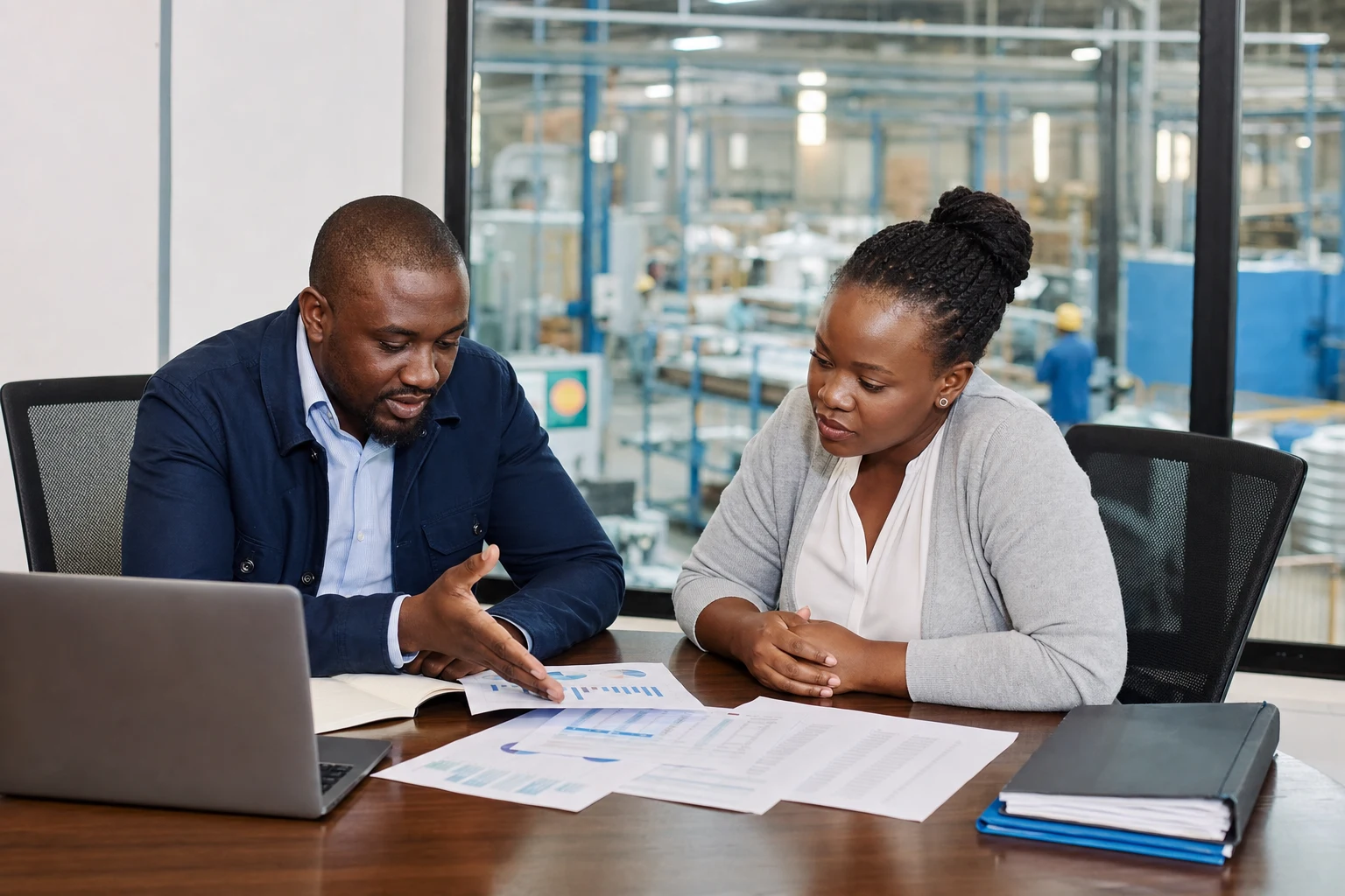 Factory directors reviewing operational and production cost reports with an accountant