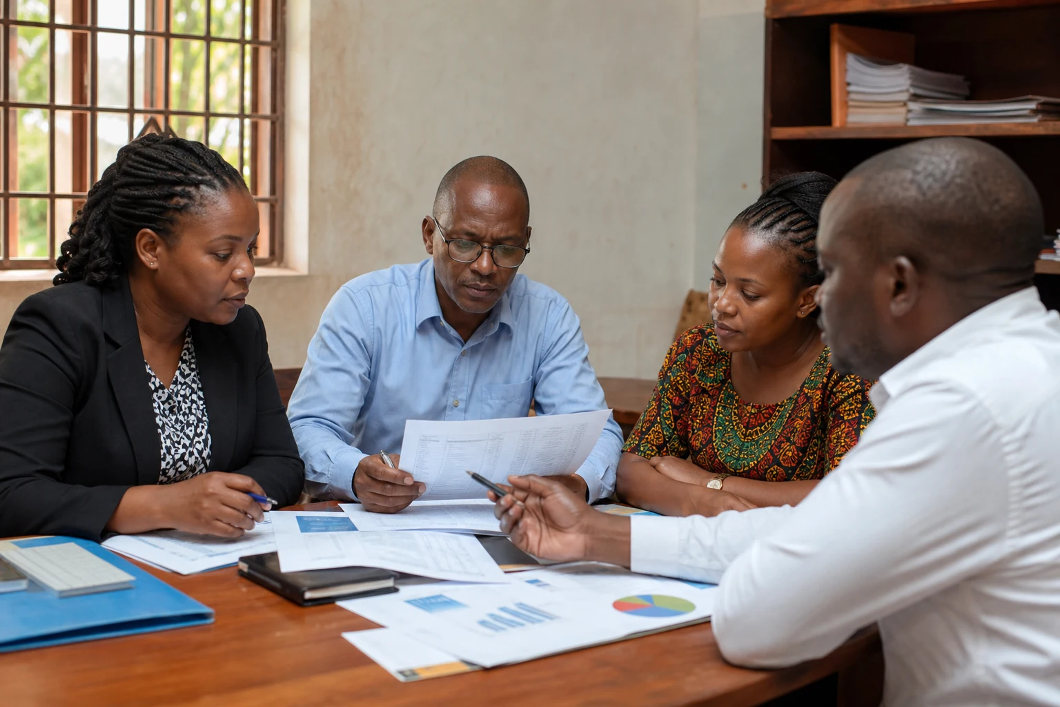 NGO finance committee reviewing donor accountability reports with an advisor