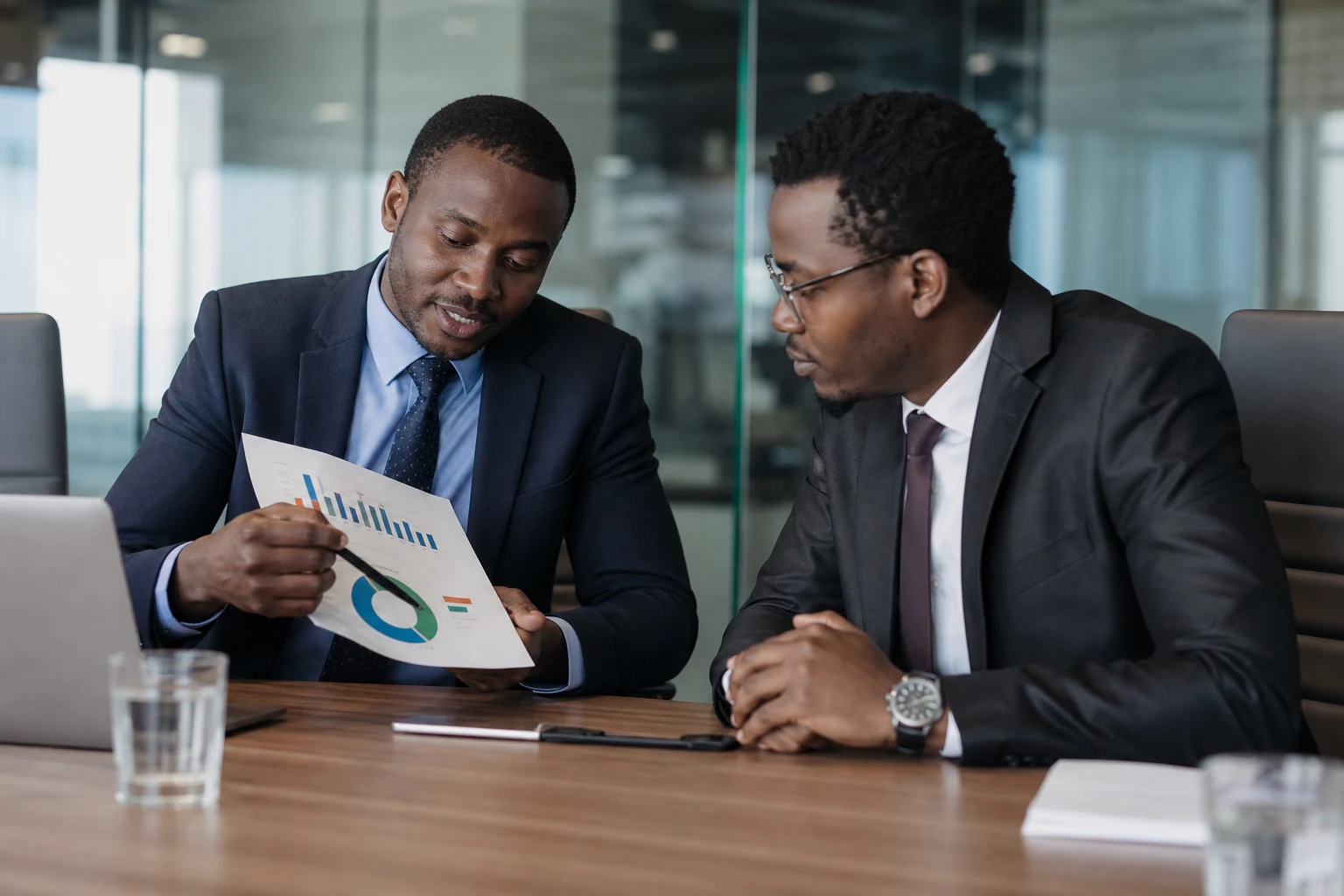 Advisor presenting clear recommendations using a written report during a boardroom discussion