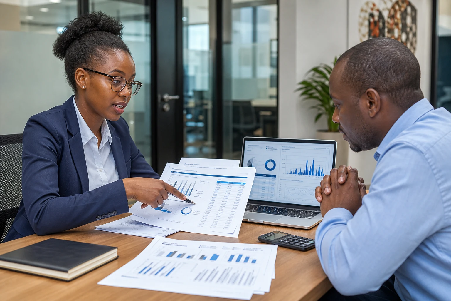 Finance professionals reviewing management accounts and cashflow reports with a business owner