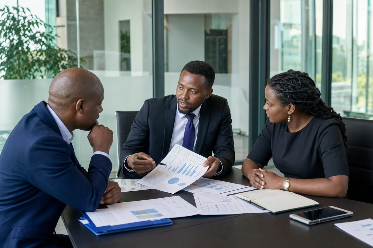 Tax consultant explaining tax strategy to company directors using financial documents