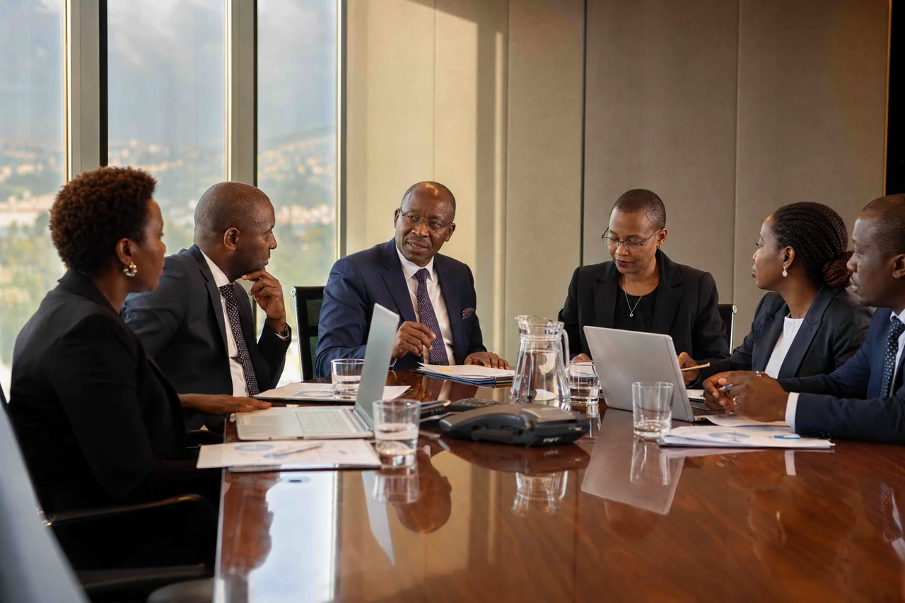 Kenyan board members and CPA advisor in a governance meeting reviewing assurance and performance reports
