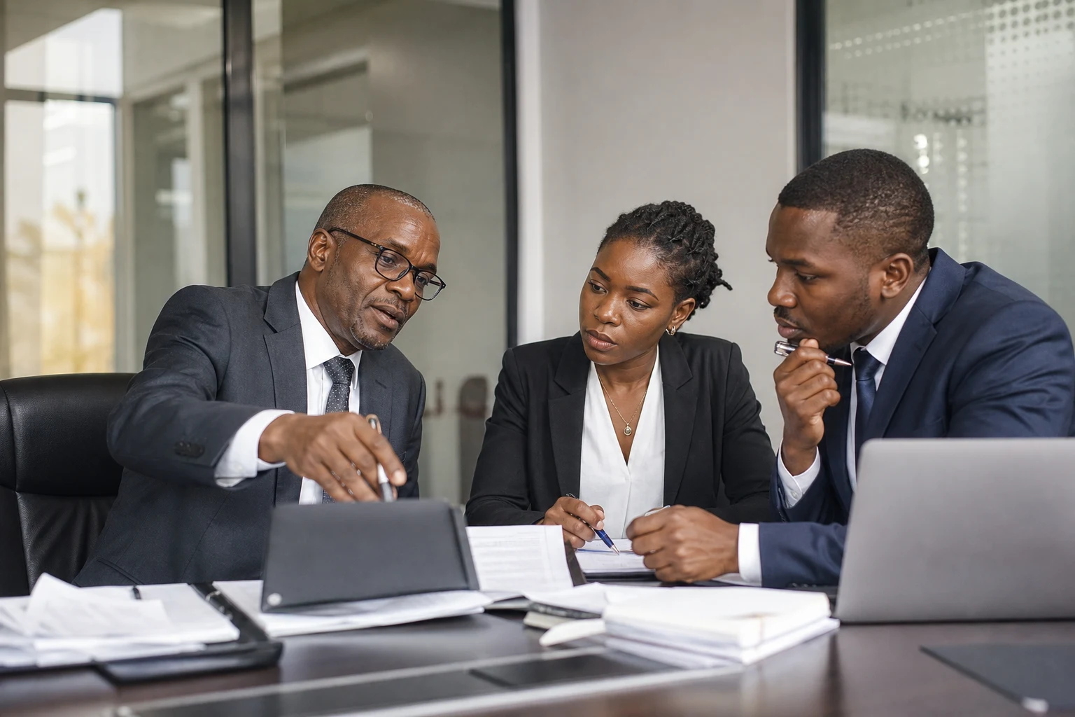 Senior Kenyan CPA team reviewing engagement quality standards before a client presentation