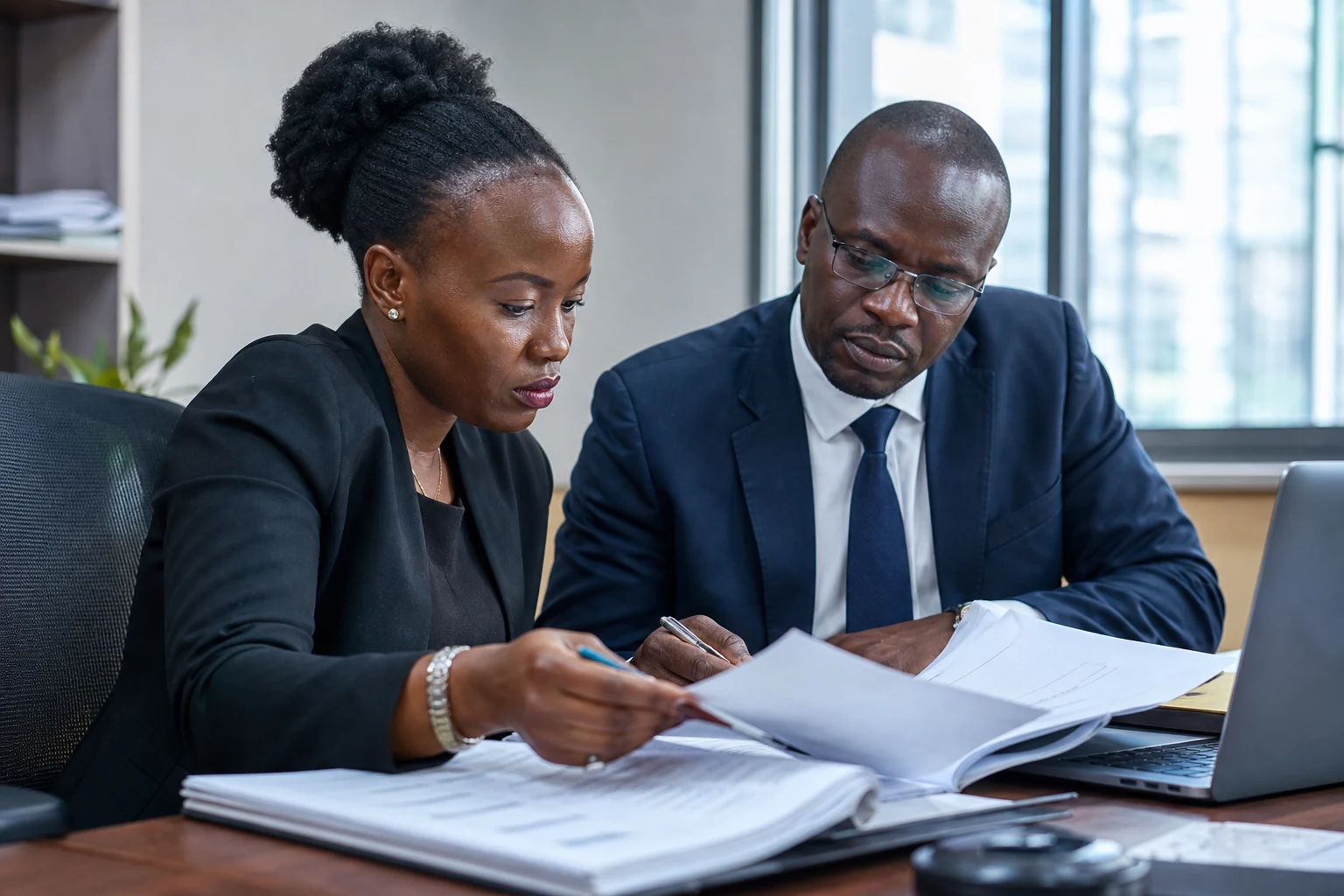 Professional reviewing audited financial reports with focused attention to quality and integrity