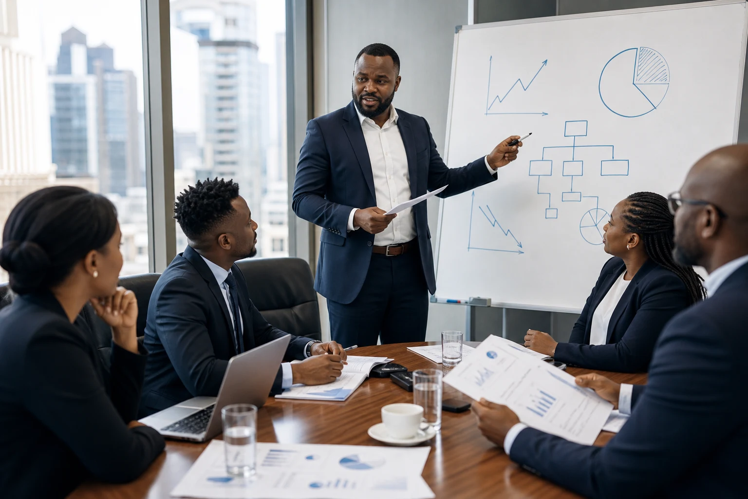 Finance professionals in a financial strategy workshop developing practical business solutions