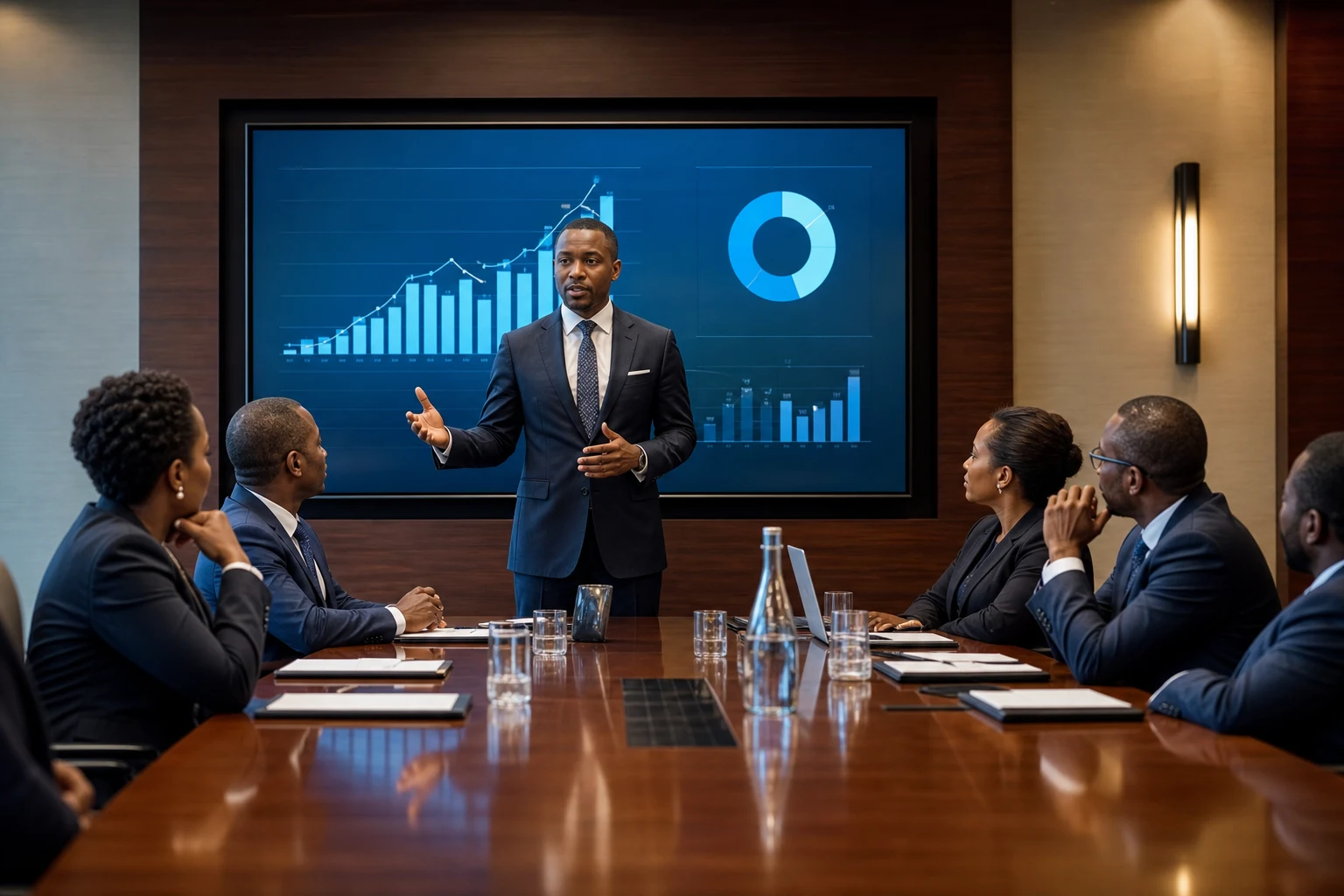 Kenyan CPA delivering an executive presentation to board members on financial performance